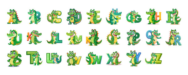 Playful Alligator Alphabet A-Z Set, Cute Cartoon Characters for Kids, Educational Learning, Children’s Book Illustration, Fun ABC Learning Vector