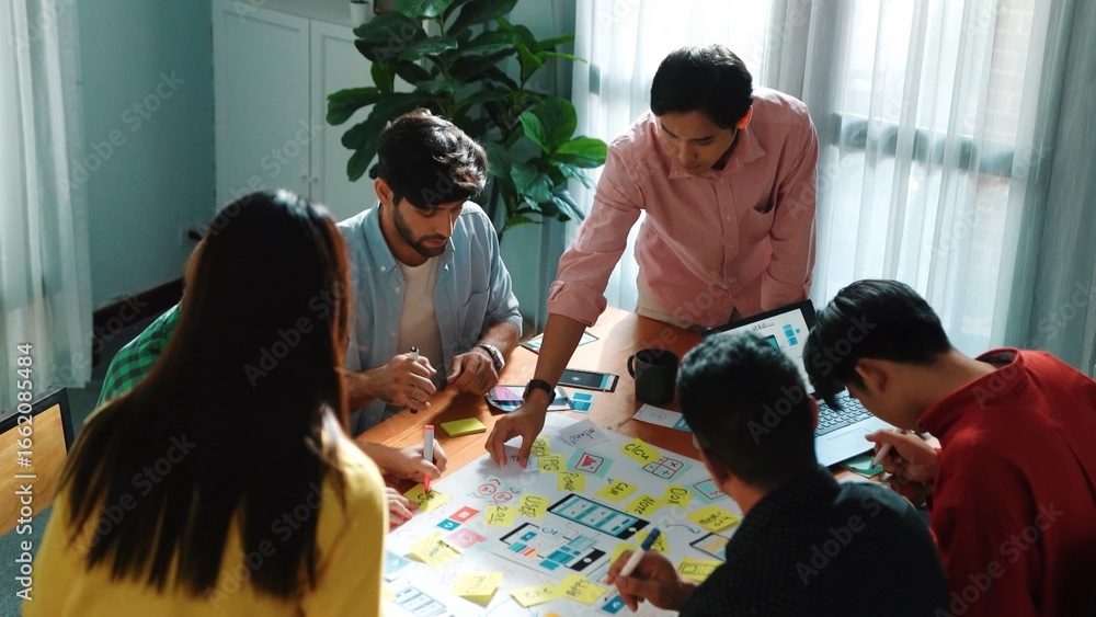 Poster top view of professional business team brainstorming and sharing idea by using mind map. diverse peo