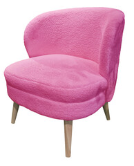 Fauteuil scandinave en moumoute rose doux minimaliste isolé sur fond transparent vu de coté pour...