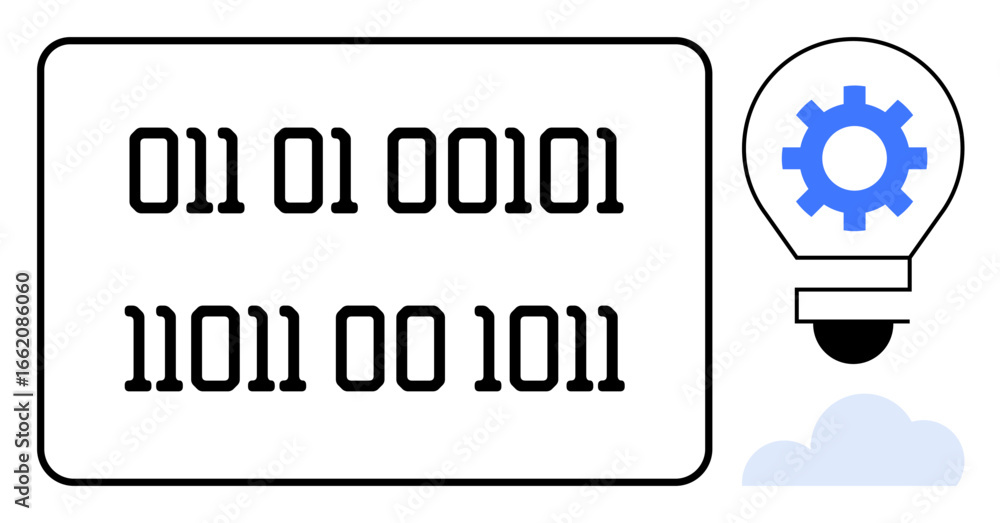 Poster binary numbers on a digital screen paired with a light bulb containing a blue gear. ideal for techno