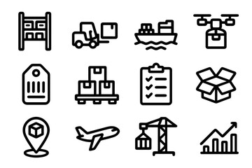 Black flat vector icons of warehouse and logistics including forklift, pallets, cargo ship and inventory. Great for supply chain, delivery and stock management.