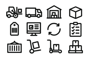 Vector icon set of storage and logistics including forklift, cargo truck, barcode and warehouse. Perfect for supply chain, packaging, stock and delivery.