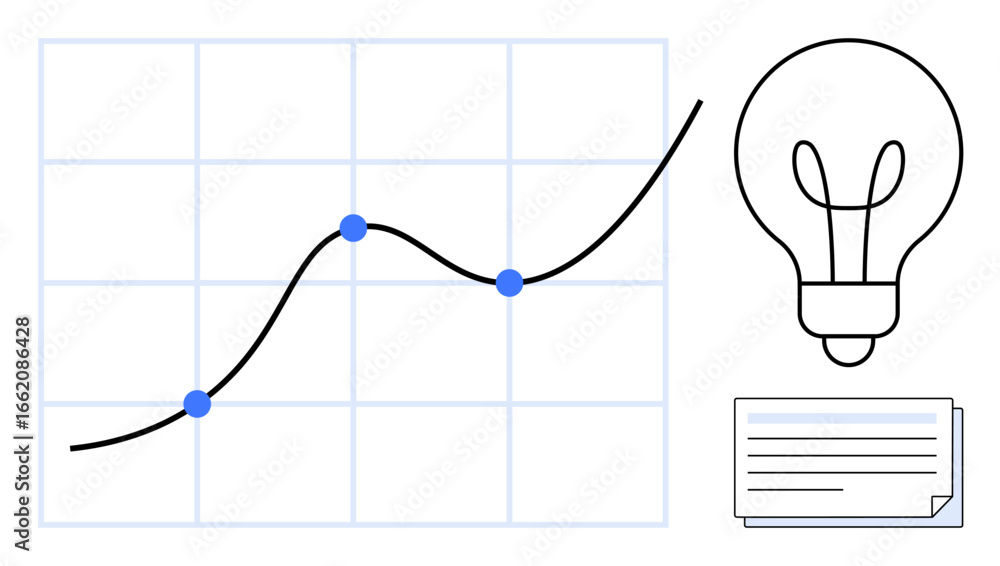Poster rising line graph with data dots, glowing lightbulb symbolizing ideas, and paper notes for analytics