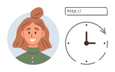 Smiling young woman, URL bar, and clock with an arrow indicating time. Ideal for time management, online activity, productivity, efficiency, digital presence, routines simple flat metaphor