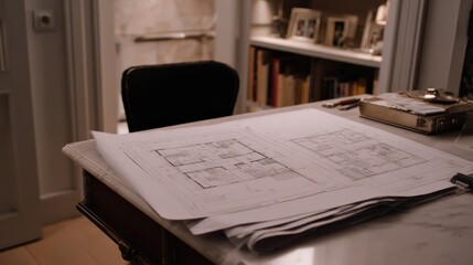 Architectural plans and workspace setup for creative design projects