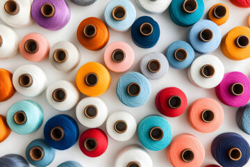 Colorful assorted cotton thread spools flat lay for sewing and crafting projects