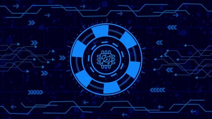 chep icon animation,Futuristic hud interface with a microchip inside a circle, symbolizing technology and data processing on a dark blue background,motherboard icon  animation - Powered by Adobe