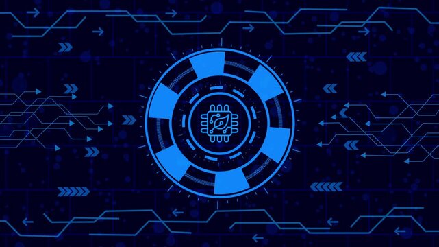 chep icon animation,Futuristic hud interface with a microchip inside a circle, symbolizing technology and data processing on a dark blue background,motherboard icon  animation