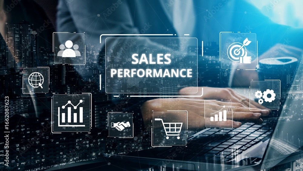 Poster digital sales performance dashboard showing sales performance metrics, performance trends, sales per