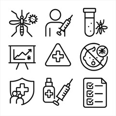 Obraz premium Mosquito Disease Prevention Icons. Line style icons of mosquito disease prevention: mosquito with virus icon, person holding