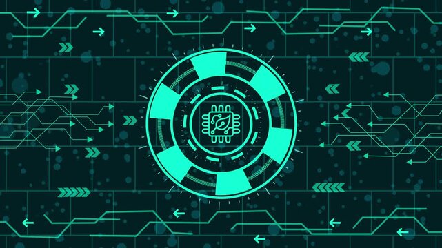 chep icon  animation,Futuristic hud interface with a microchip inside a circle, symbolizing technology and data processing on a dark blue background with circuit board lines