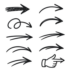 Creative Arrow Icons. Line style icons of creative hand-drawn arrows: sketch arrow with scribble, casual doodle arrow,
