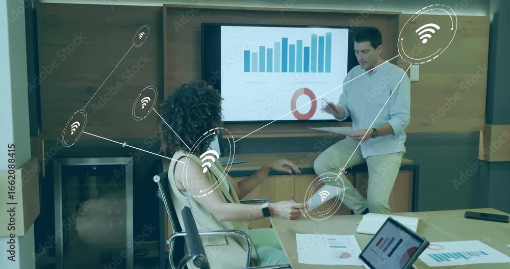 Poster woman and man discussing chart data in business with wi-fi icons linking devices into mesh network