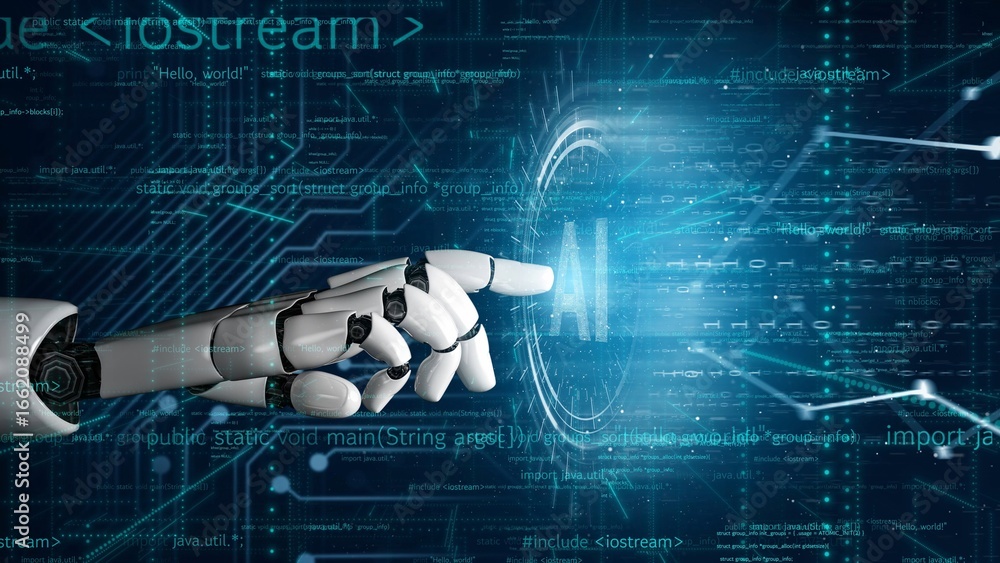 Poster a robotic hand is reaching toward a digital interface filled with data streams and ai elements, illu