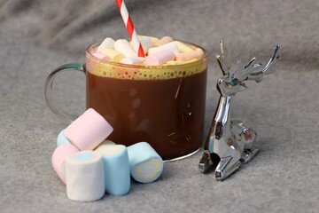 Hot Chocolate with Marshmallows and Festive Reindeer – Winter Drink for Christmas Campaigns, Holiday Greeting Cards, Coffee Shop Promotions, and Food Blogs