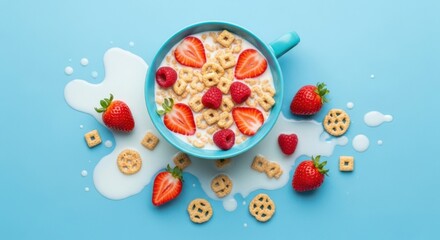 Delicious Breakfast Cereal with Fresh Berries and Milk Splash