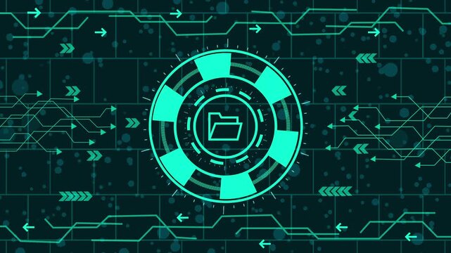 Futuristic technology background with a glowing folder icon in the center, surrounded by circuit board patterns and digital arrows, creating a modern tech interface