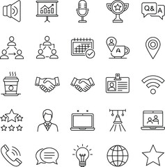 Business communication icons set, conference illustrations, teamwork symbols, meeting graphics, online connection, presentation tools, idea sharing, success, networking, global business