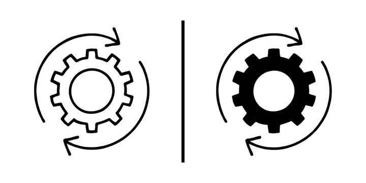 Gear Icon and Refresh: Two stylized gear icons, one a crisp outline, the other solid, are framed by looping arrows, symbolizing the cycle of processing, update, and refinement in a digital context.