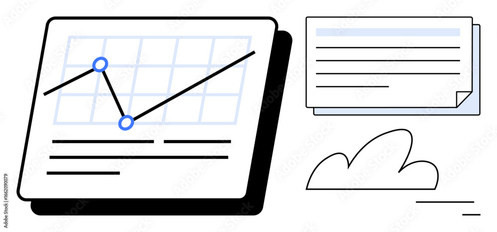 Poster data chart with rising trend line and grid next to document notes and abstract cloud. ideal for anal