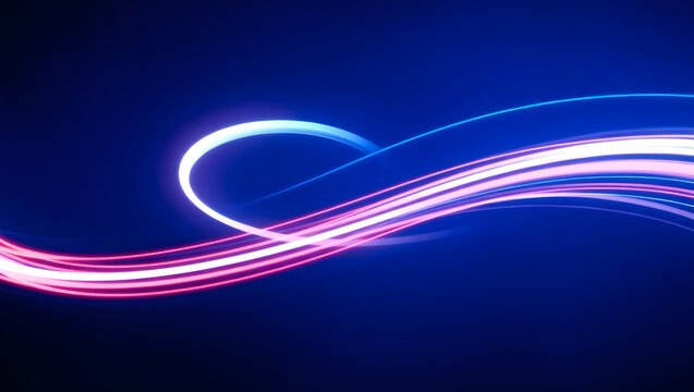 Abstract Neon Light Trails: Pink, Blue, and White Swirls on Dark Blue Background.