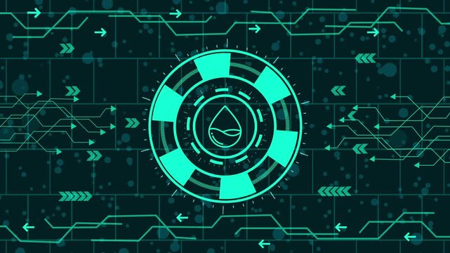 Abstract technology background with glowing circuit board and leaf icon, symbolizing green technology and sustainable solutions for environmental conservation