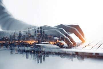 Double exposure of hands typing on laptop with city skyline
