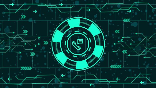 call and message ion  animation,Futuristic technology background with a glowing phone icon in the center, surrounded by circuit board patterns and digital arrows, creating a modern tech aesthetic