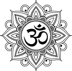 OM symbol with mandala pattern detailed line art vector illustration spiritual design, Intricate OM mandala line art vector, Spiritual OM with decorative mandala illustration, Sacred ornate OM mandala