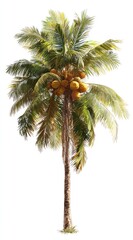 A tall, slender coconut palm tree with lush green fronds and a cluster of yellow-brown coconuts near its crown, set against a white background