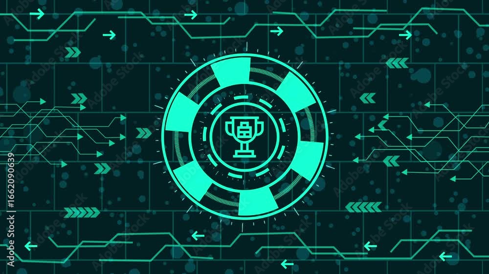 Poster animated futuristic background with a glowing trophy icon in the center, surrounded by circuit board