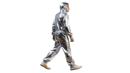 Person in Metallic Jumpsuit Walking Through isolated on white and transparent background