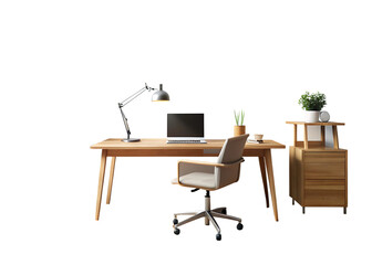 Fototapeta premium Modern Minimalist Home Office with Wooden Desk isolated on white and transparent background