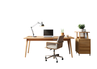Modern Minimalist Home Office with Wooden Desk isolated on white and transparent background