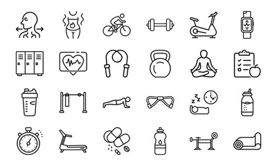 Fitness and Gym Outline Icons Set – Workout, Exercise, Dumbbell, Yoga, Running, Cycling, Treadmill, Smartwatch, Nutrition, Health, and Sports Equipment Vector Pack