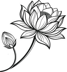 Lotus black line art vector illustration perfect for tattoo and branding use, Minimalist lotus line art vector, Sacred lotus flower tattoo vector, Elegant lotus flower illustration