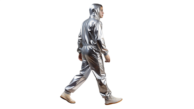 Person in Metallic Jumpsuit Walking Through isolated on white and transparent background