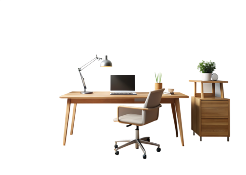 Modern Minimalist Home Office with Wooden Desk isolated on white and transparent background - Powered by Adobe