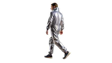 Person in Metallic Jumpsuit Walking Through isolated on white and transparent background