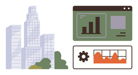 Fototapeta premium Modern skyscrapers beside a digital dashboard showing growth graphs and settings. Ideal for urban planning, business analysis, technology, innovation, growth, real estate, simple flat metaphor