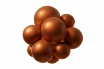Copper metallic spheres clustering, forming sleek geometric pattern against transparent backdrop, representing modern minimalist design aesthetic