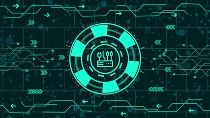Gambling chip icon on a dark background with circuit board pattern, representing the digital and technological aspects of online gambling and casino games - Powered by Adobe