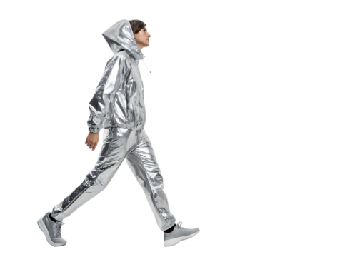 Person in Metallic Jumpsuit Walking Through isolated on white and transparent background - Powered by Adobe