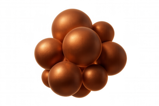 Copper metallic spheres clustering, forming sleek geometric pattern against transparent backdrop, representing modern minimalist design aesthetic
