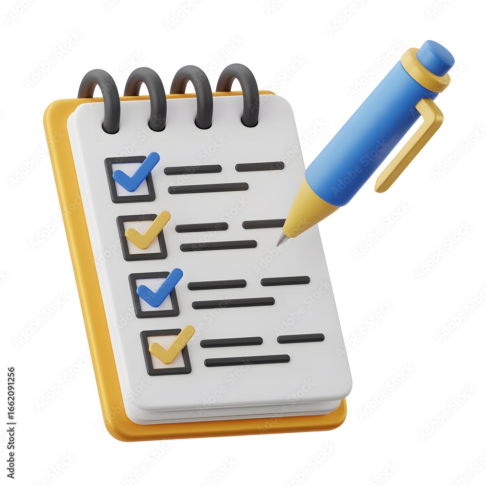 Poster checking off tasks a 3d rendered notebook and pen illustration for task management and productivity