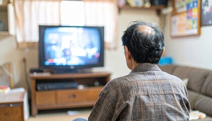 リビングルームでテレビを見るシニア男性の後ろ姿