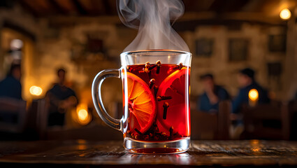 Photo of a glass of hot mulled wine with spices and orange slices steaming on a wooden table