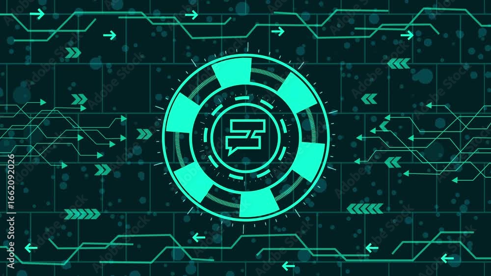 Poster futuristic hud interface concept with glowing chat icon in the center, surrounded by digital circuit