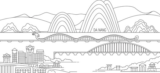Fototapeta premium Da Nang Vietnam Detailed Line Art Skyline Featuring Dragon Bridge and Coastal Scenery