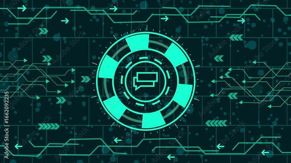 Poster message icon animation ,futuristic hud interface concept with glowing chat icon in the center, surro